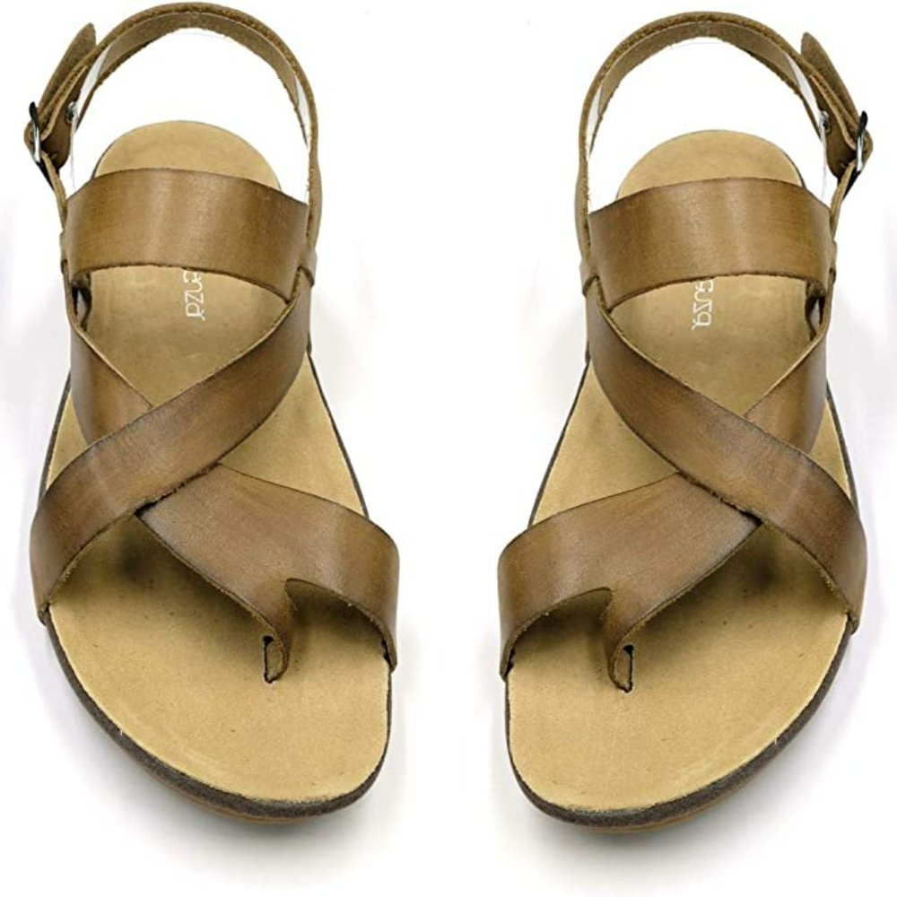 Harssidanzar Men's Genuine Leather Sandals -Khaki